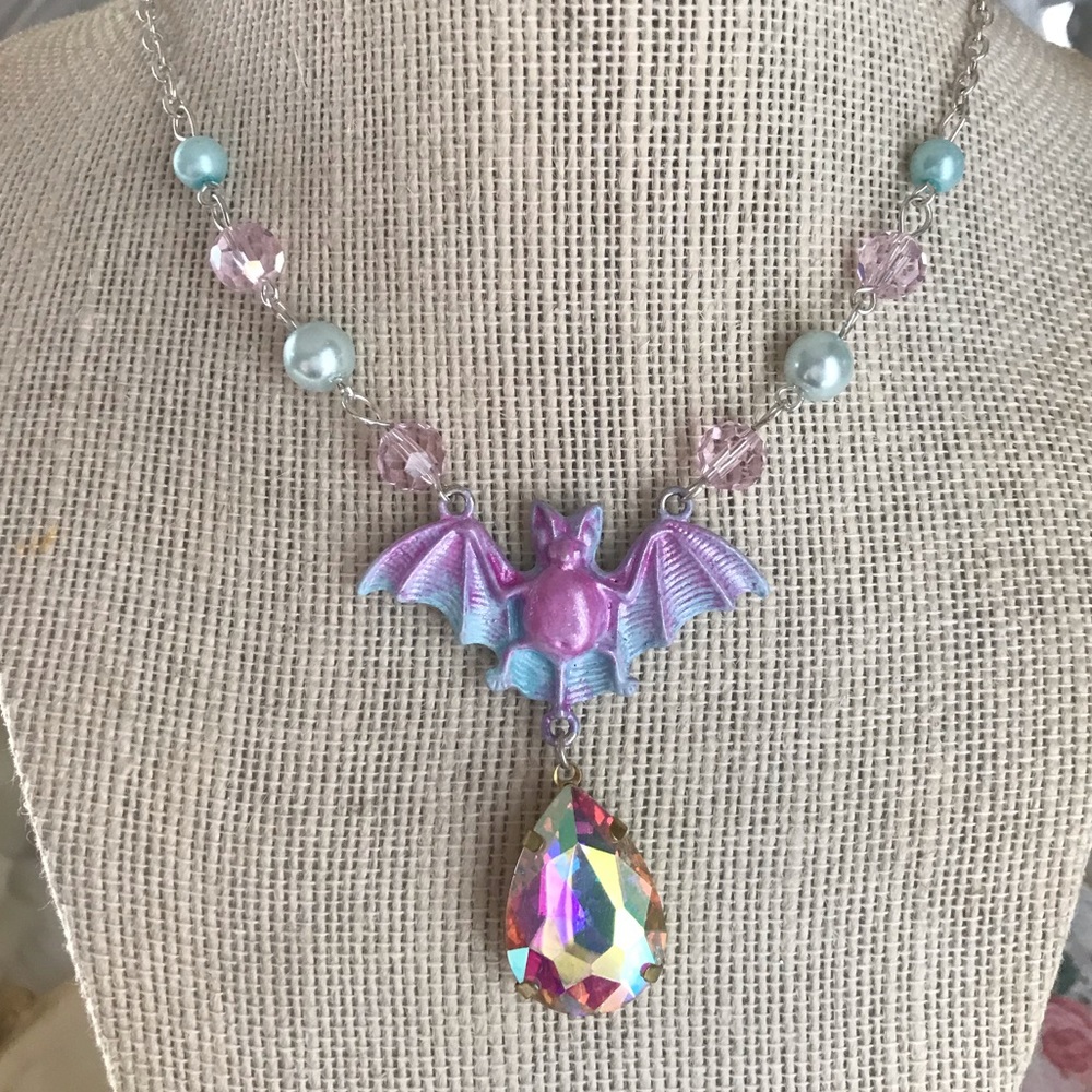 Pink and blue bat necklace